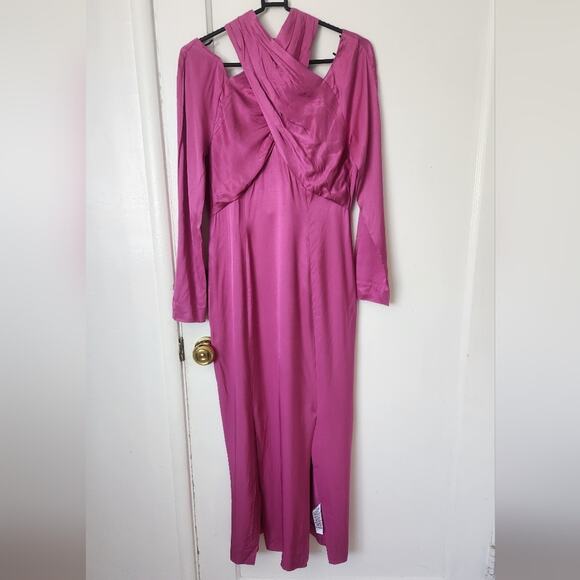 ASOS Satin Formal Pink Crisscross Halter long sleeve dress size 4 small - Picture 3 of 11